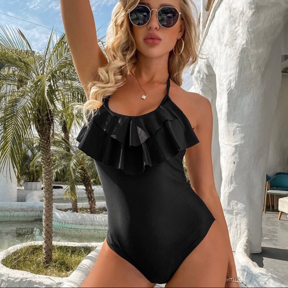 Shein black 1 piece ruffled bathing suit